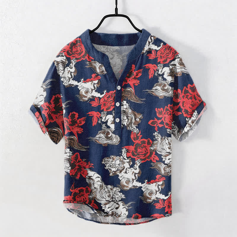 Buddha Stones Cotton Red Floral Cloud Print Henley Men's Short Sleeve Half Button Shirt