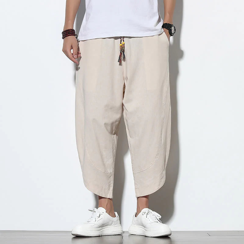 Buddha Stones Casual Summer Drawstring 7-8 Length Linen Men's Harem Pants With Pockets