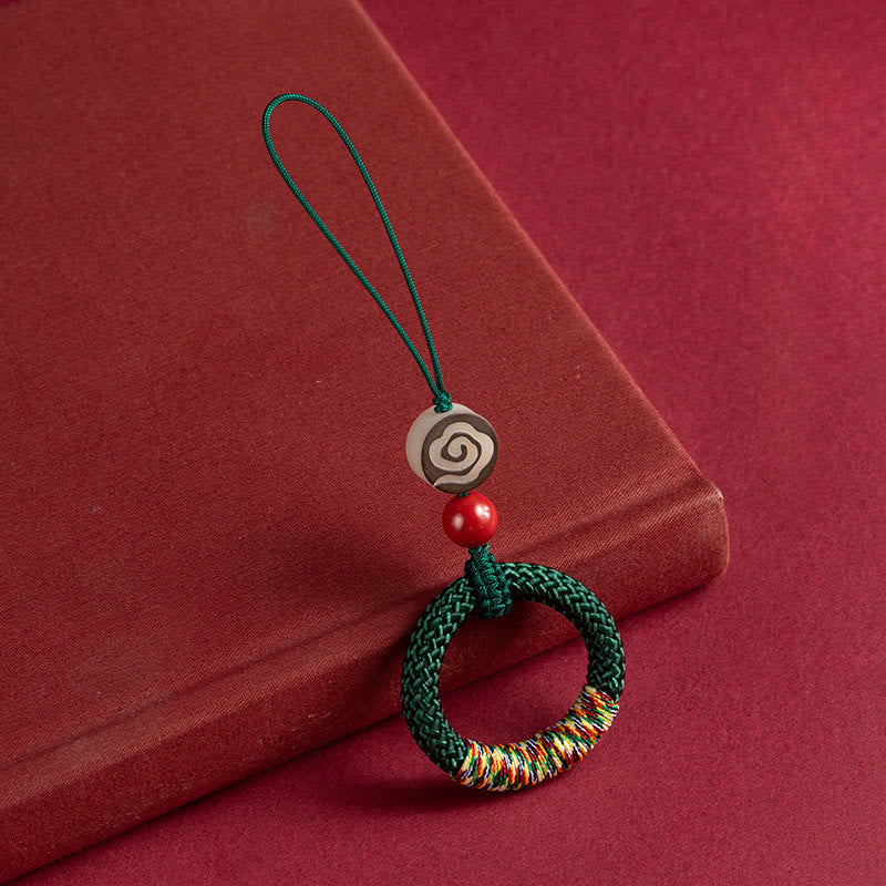 Buddha Stones Handwoven Colorful Thread String Buckle Ivory Fruit Cinnabar Key Chain Phone Hanging Decoration