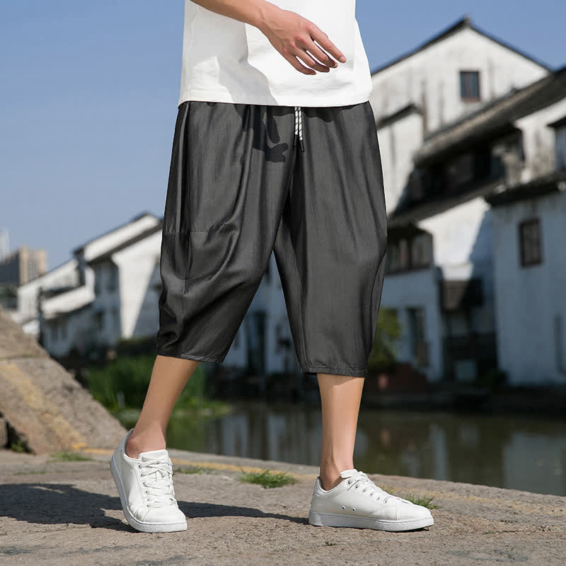 Buddha Stones Summer Elastic Waist Drawstring Solid Color Half Men's Tapered Pants With Pockets