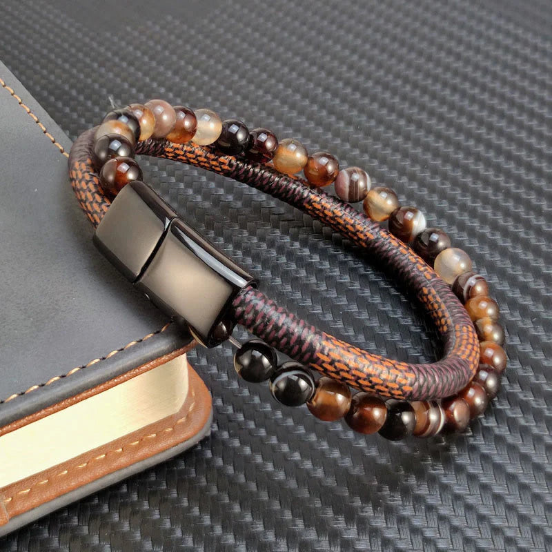 Buddha Stones Sardonyx Double Wrap Braided Leather Success Bracelet
