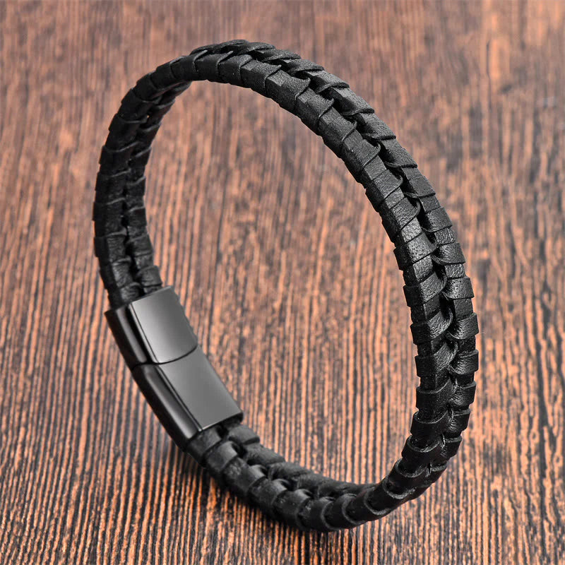 Buddha Stones Simple Braided Pattern Titanium Steel Strengthen Multi-layer Leather Buckle Bracelet