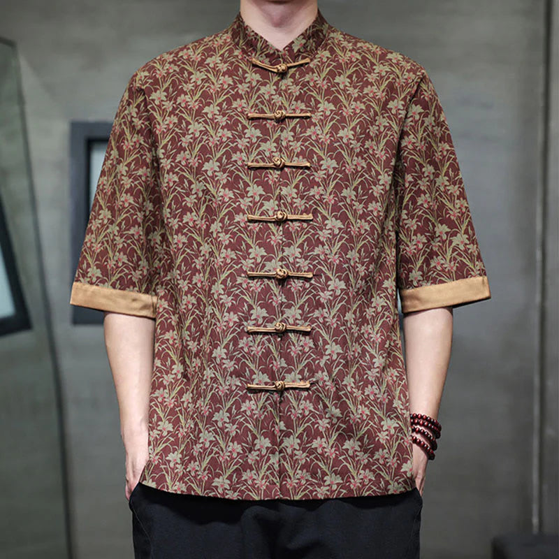 Buddha Stones Summer Colorful Floral Leaves Pattern Short Sleeve Frog-button Design Men's Cotton Shirt