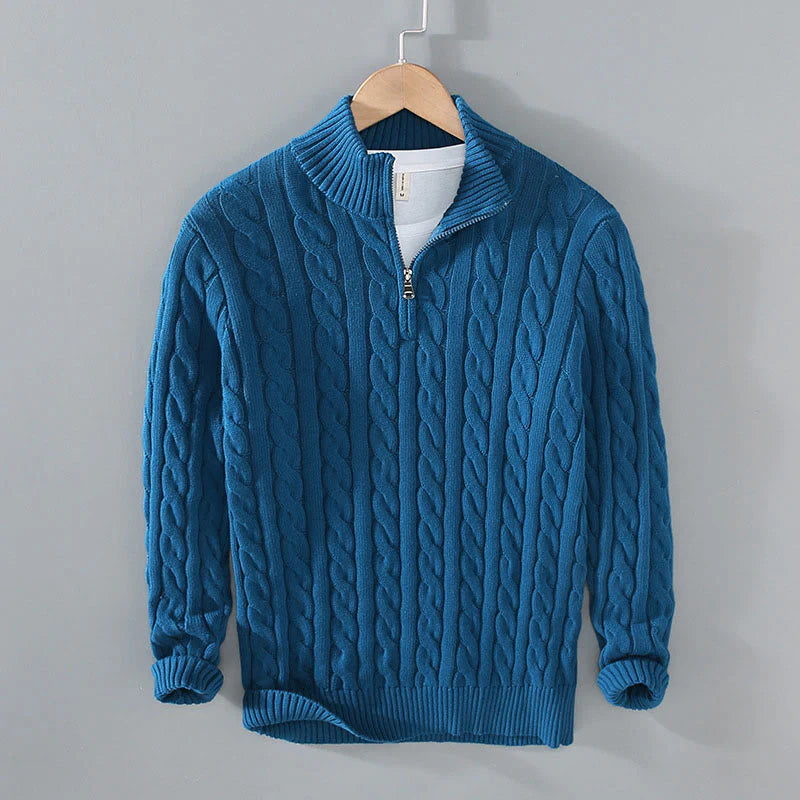 Buddha Stones Winter Textured High Neck Zipper Design Men's Long Sleeve Cotton Sweater