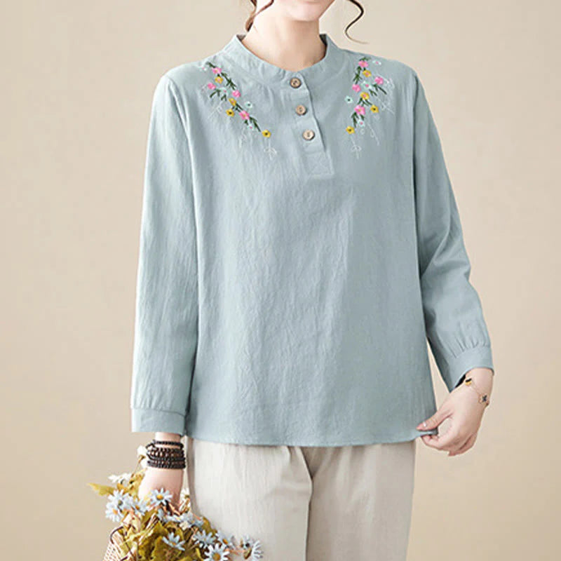 Buddha Stones Women's Spring Embroidered Flower Pattern Stand Collar Long Sleeve Cotton Shirt