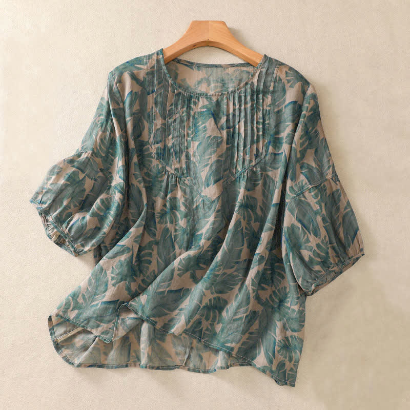 Buddha Stones Commute Floral Crew Neck Pleated Design Puff Short Sleeve Women's T-Shirt