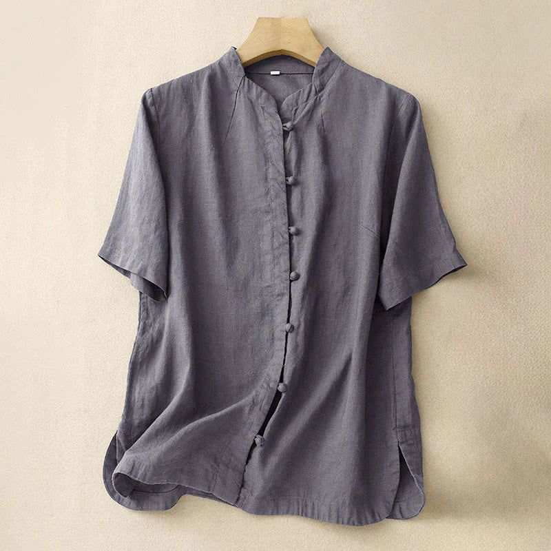 Buddha Stones Summer Women's Cotton Short Sleeve Stand Collar Side Slit Frog-Button Design Shirt