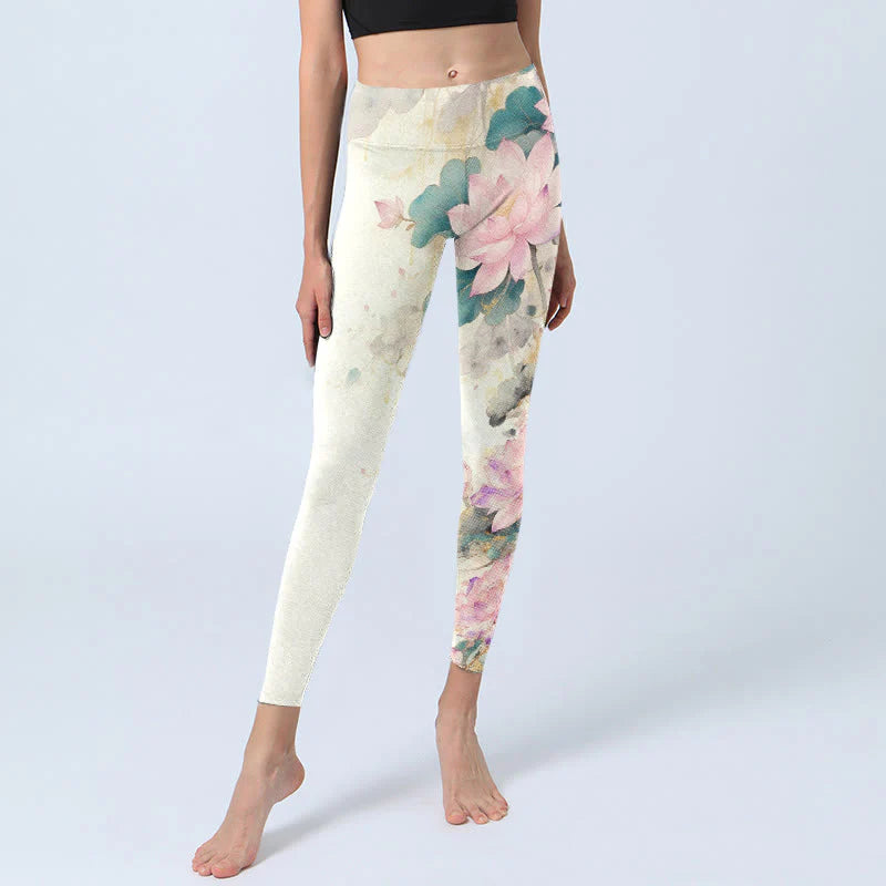 Buddha Stones Lotus Petals Leaves Pattern Print Gym Leggings Women's Yoga Pants