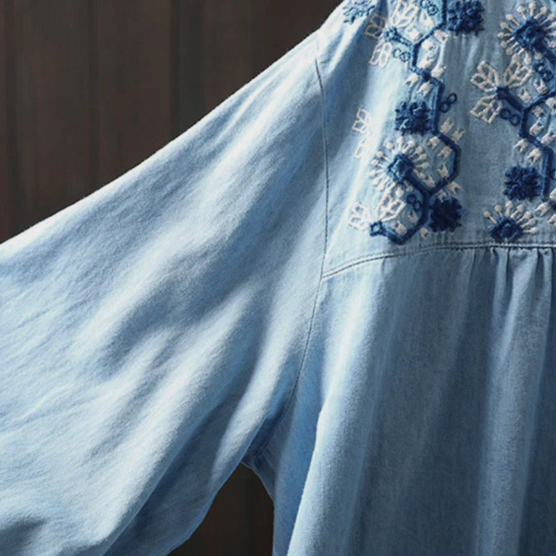 Buddha Stones Geometry Floral Embroidery Cotton Denim Half Buttons Long Sleeve Women's Shirt