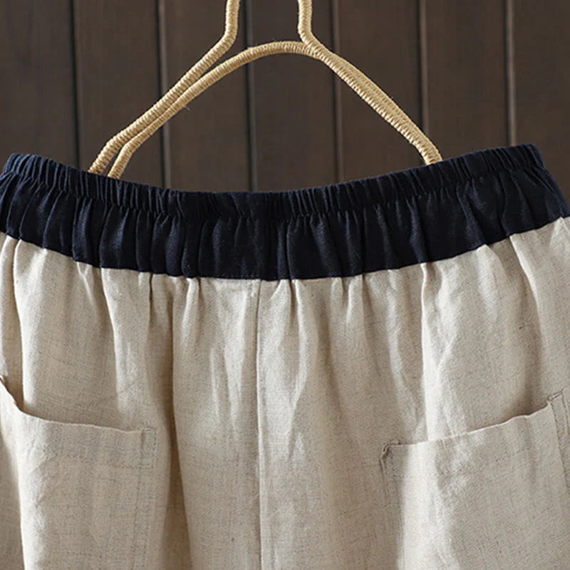 Buddha Stones Casual Splicing Color Rope Women's Cotton Straight-leg Pants With Pockets