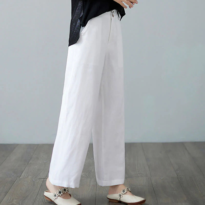 Buddha Stones Daily Solid Color Patchwork Simple Design Cotton Linen Women's Pants With Pockets