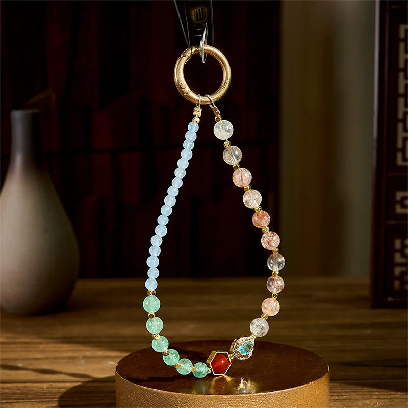 Buddha Stones Super Seven Crystal Blue Chalcedony Beaded Healing Key Chain Phone Hanging Decoration