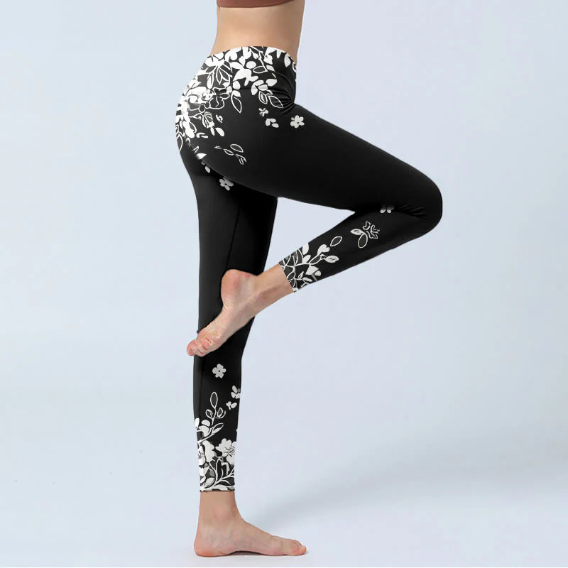 Buddha Stones Black White Contrast Flower Pattern Print Gym Leggings Women's Yoga Pants