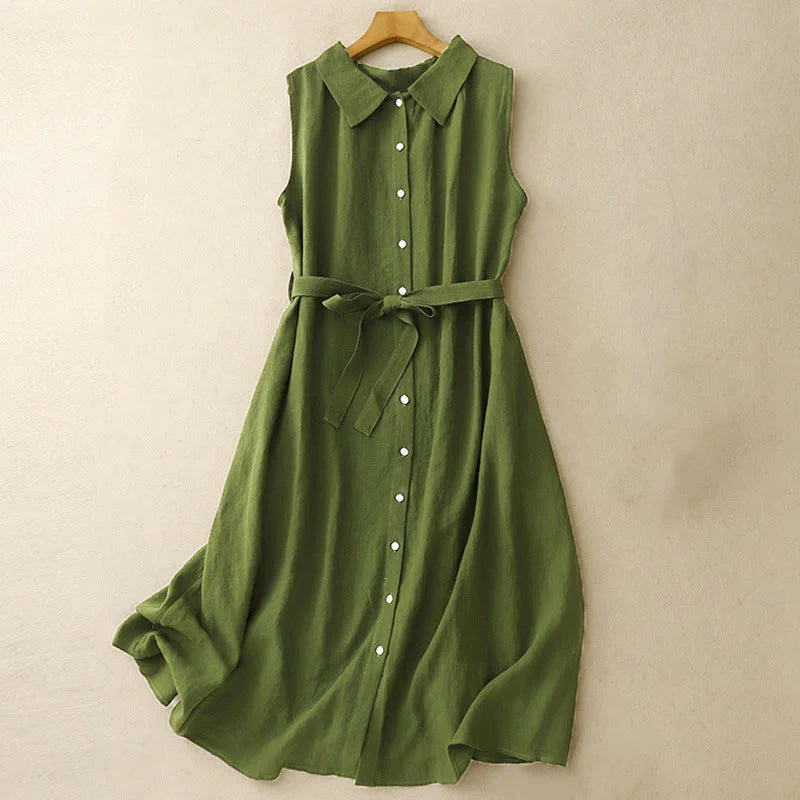 Buddha Stones Summer Plain Lace-up Button Front Design Lapel Sleeveless Cotton Midi Dress Cardigan
