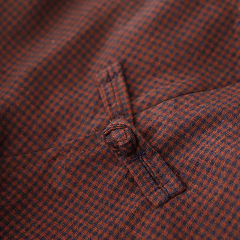 Buddha Stones Fall Brown Plaid Stand Collar Frog-Button Design Long Sleeve Midi Dress With Pockets
