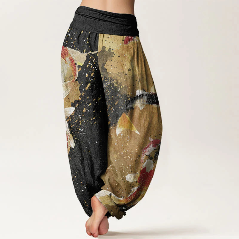 Buddha Stones Cotton Casual Koi Fish Gold Ink Background Pattern Women's Elastic Waist Harem Pants