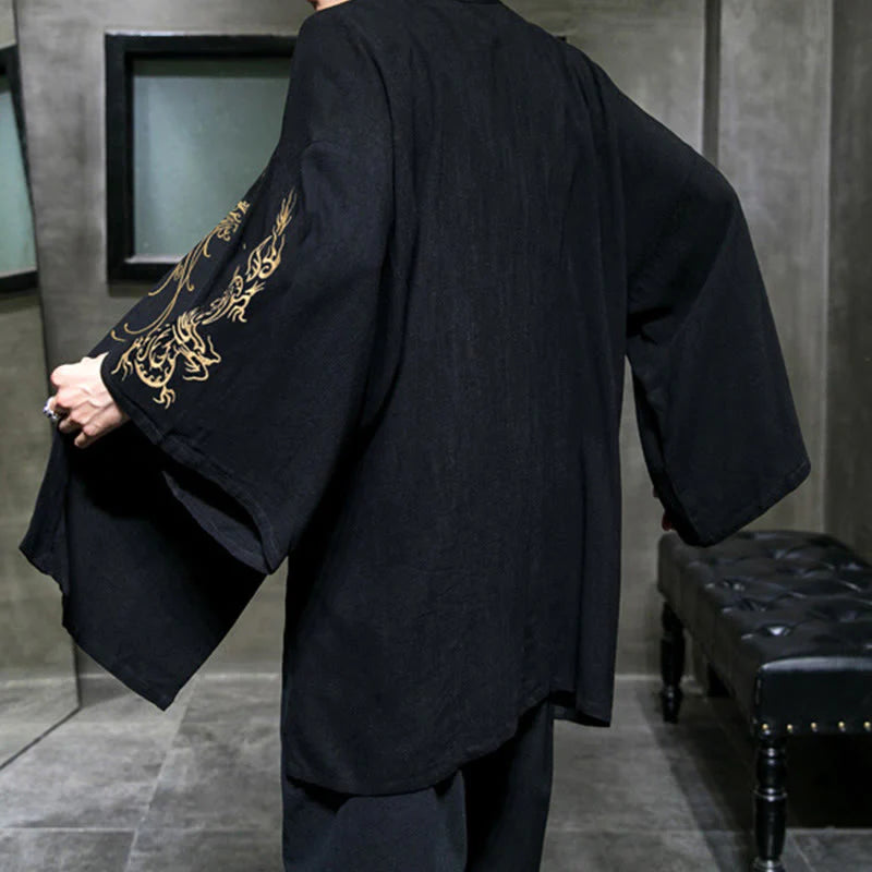 Buddha Stones Dragon Phoenix Open Front Long Sleeve Jacket Men's Cotton Kimono