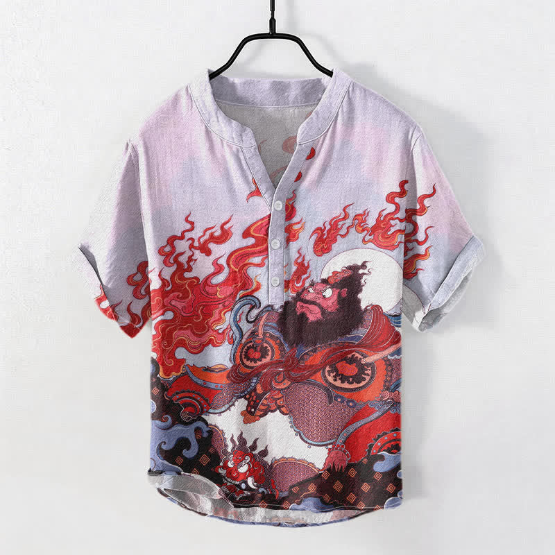 Buddha Stones Cotton Mythic Flame Print Men's Short Sleeve Half Button Shirt