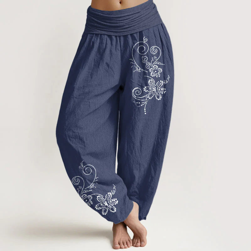 Buddha Stones Pure Cotton Composed Of Dots Vine Flower Pattern Women's Elastic Waist Harem Pants