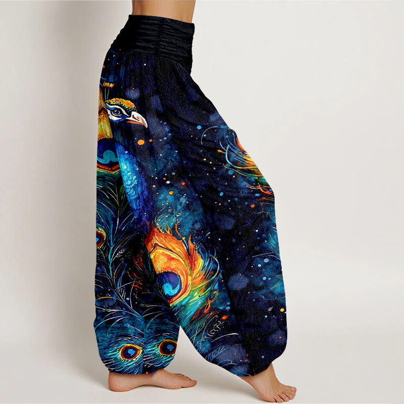 Buddha Stones Cotton Peacock Starry Sky Pattern Women's Elastic Waist Harem Pants