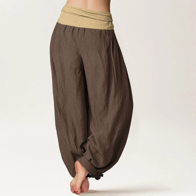 Buddha Stones Cotton Brown Blue Black Solid Color Women's Elastic Waist Harem Pants
