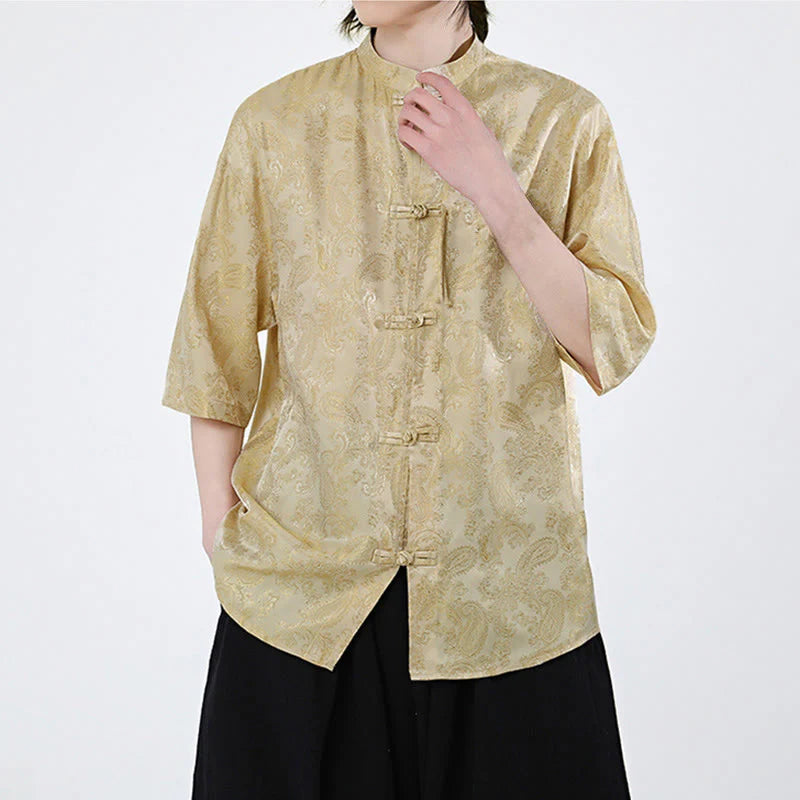 Buddha Stones Summer Frog-Button Half Sleeve Vine Leaf Flower Pattern Men's Shirt
