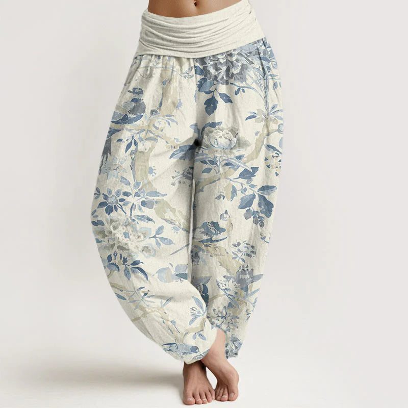 Buddha Stones Cotton Birds Branches Flowers Pattern Women's Elastic Waist Harem Pants