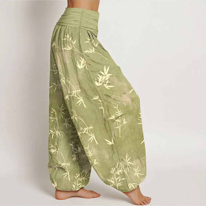 Buddha Stones Cotton Simple Bamboo Leaves Pattern Women's Elastic Waist Harem Pants