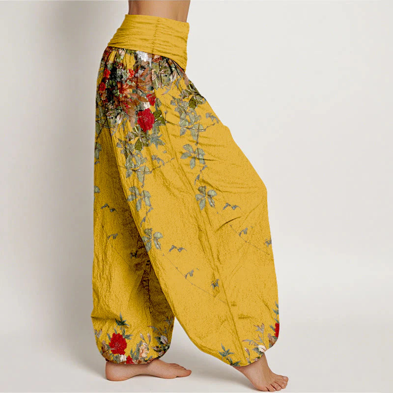 Buddha Stones Pure Cotton Colourful Flower Leaves Patterns Women's Elastic Waist Harem Pants