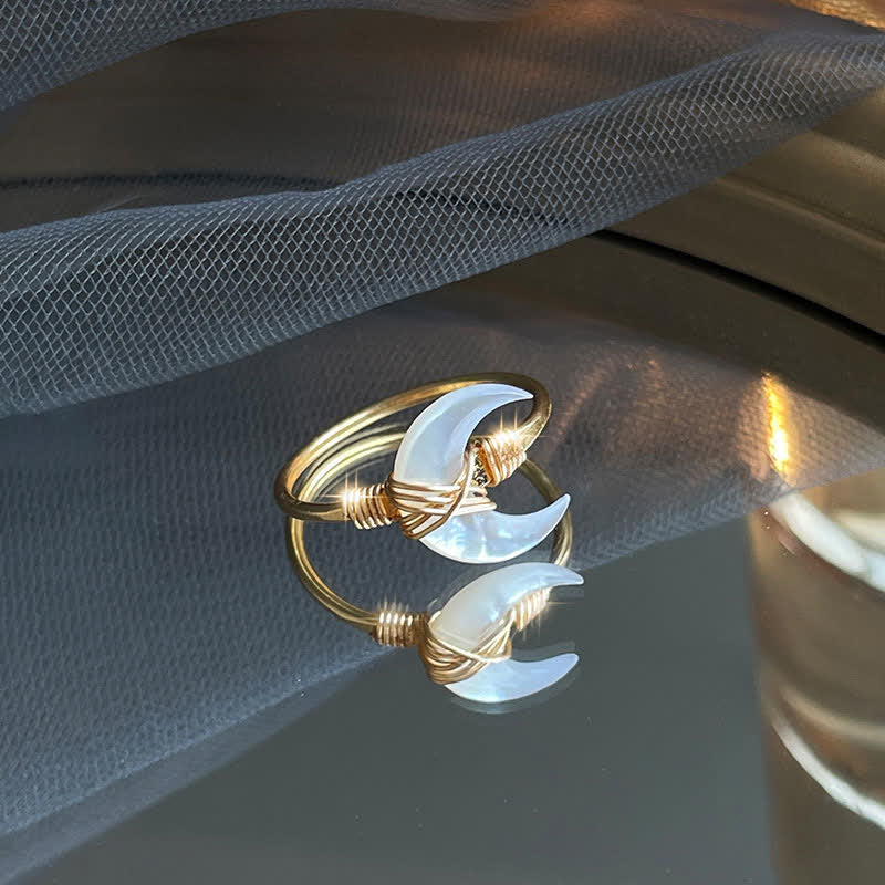 Buddha Stones Natural Tridacna Stone Moon 14K Gold Blessing Ring (Extra 30% Off | USE CODE: FS30)
