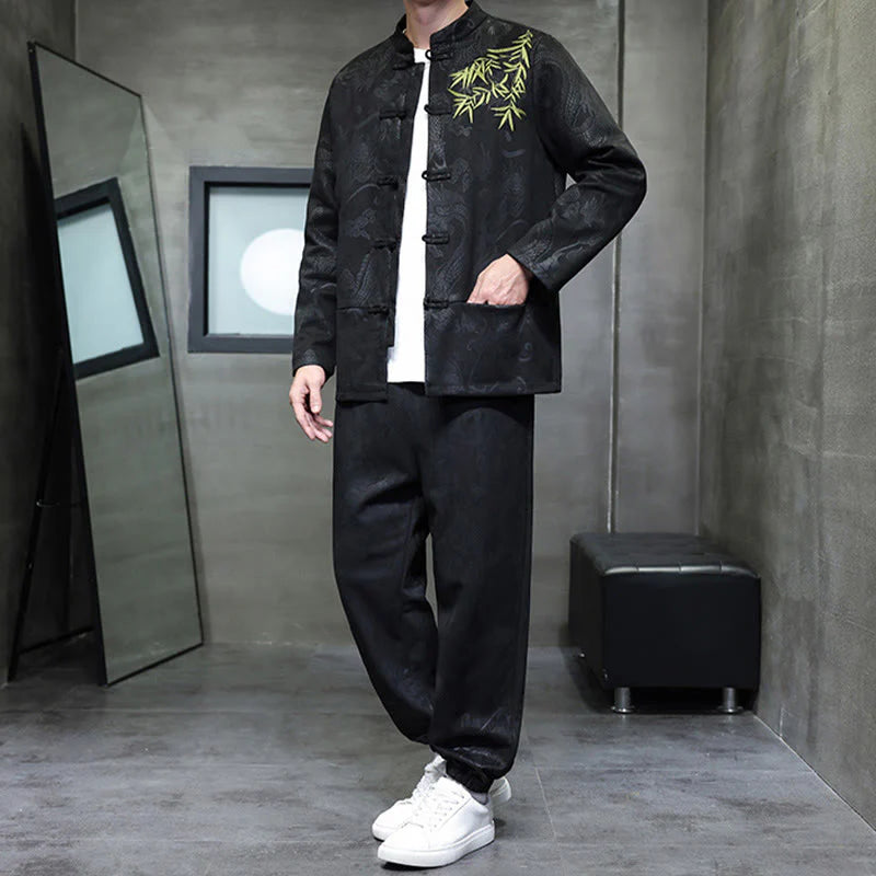 Buddha Stones 2Pcs Spring Dragon Bamboo Clouds Men's Tang Suit Frog-Button Cotton Long Sleeve Jacket Pants Set With Pockets