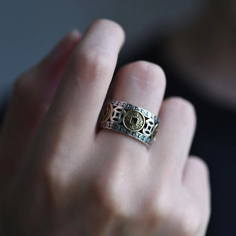Buddha Stones Five-Emperor Coins Balance Adjustable Ring