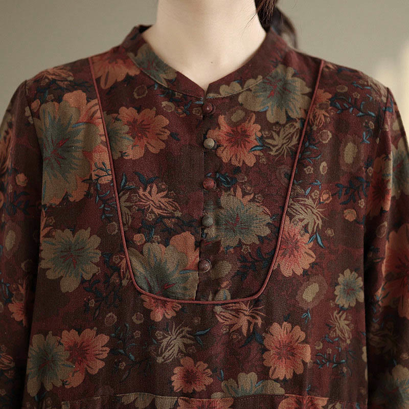 Buddha Stones Flower Pattern Long Sleeve Cotton Midi Dress With Pockets