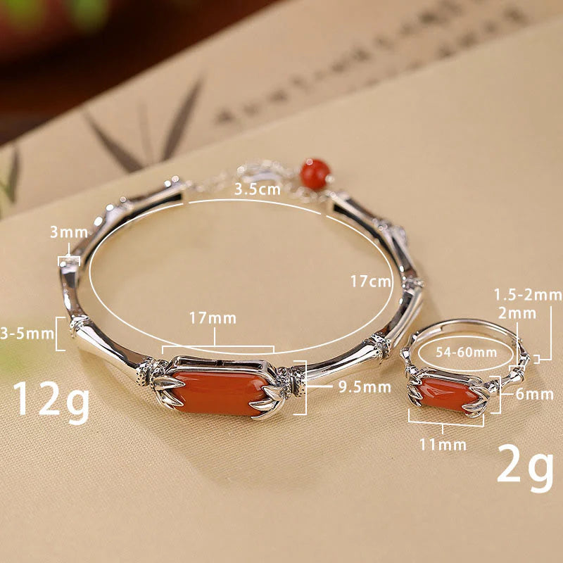 Buddha Stones 925 Sterling Silver Red Agate Bamboo Pattern Calm Bracelet Ring Jewelry Set (Extra 30% Off | USE CODE: FS30)
