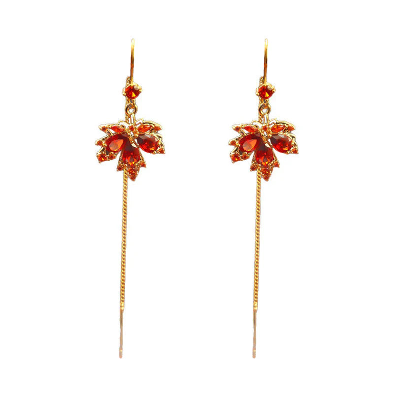 Buddha Stones Maple Leaf Red Zircon Copper Luck Drop Dangle Earrings