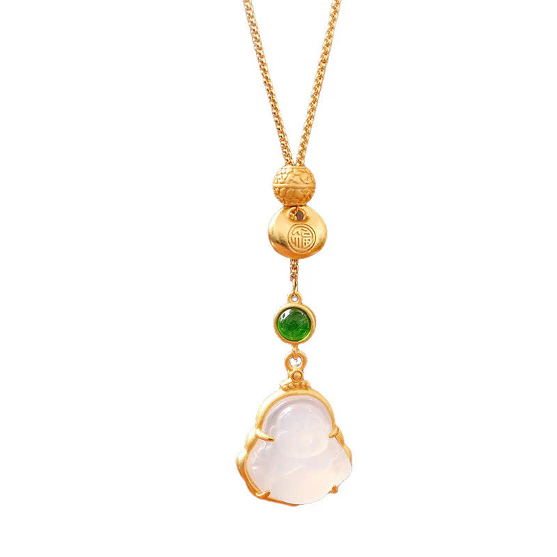 Buddha Stones Fu Character Laughing Buddha Chalcedony Copper Fortune Necklace Pendant