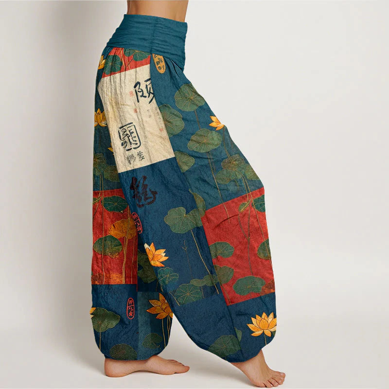 Buddha Stones Pure Cotton Strong Visual Impact Lotus Flowers Leaves Pattern Women's Elastic Waist Harem Pants