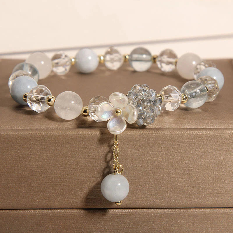 Buddha Stones Aquamarine Yellow Cat's Eye Stone Flower Peace Bracelet