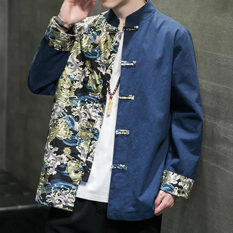 Buddha Stones Printed Color Contrast Dragon Pattern Frog-button Long Sleeve Men's Cotton Jacket