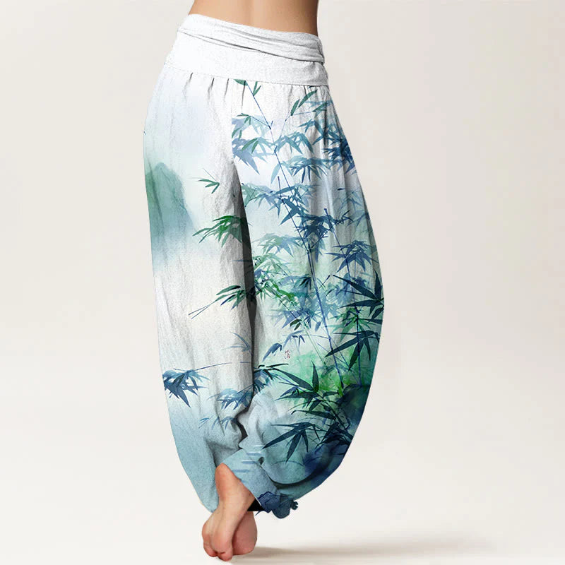 Buddha Stones Pure Cotton Bamboo Leaves Mountain Pattern Women's Elastic Waist Harem Pants