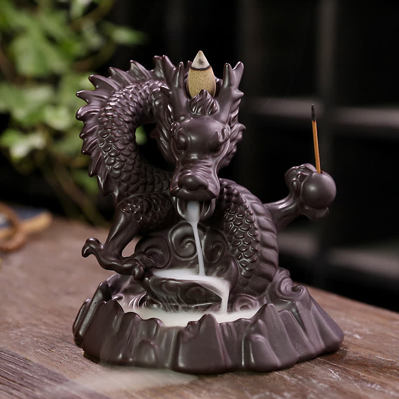 Buddha Stones Auspicious Dragon Ceramic Backflow Smoke Fountain Meditation Healing Incense Burner Led Ball Decoration