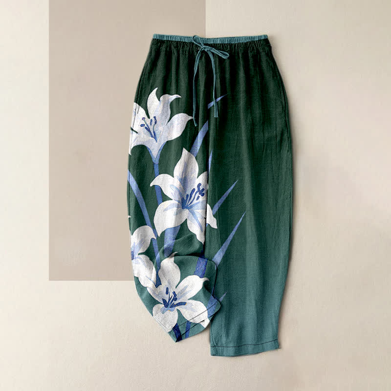 Buddha Stones Pure Cotton Lily Print Elastic Waist Drawstring Women's Pants With Pockets