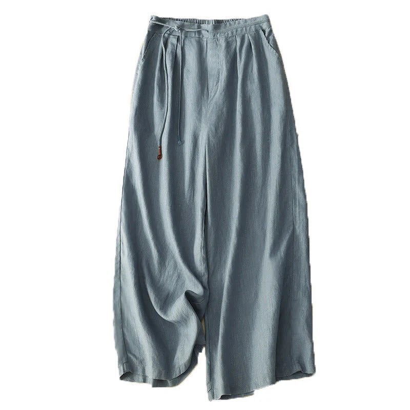 Buddha Stones Spring Casual Solid Color Drawstring Design  Women's Cotton Linen 7-8 Length Wide Leg Pants With Pockets