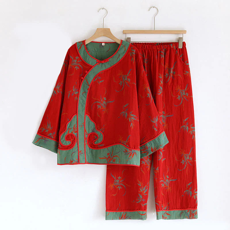 Buddha Stones 2pcs Patchwork Long Sleeve Frog-Button Shirt Pants With Pockets Pure Cotton Set