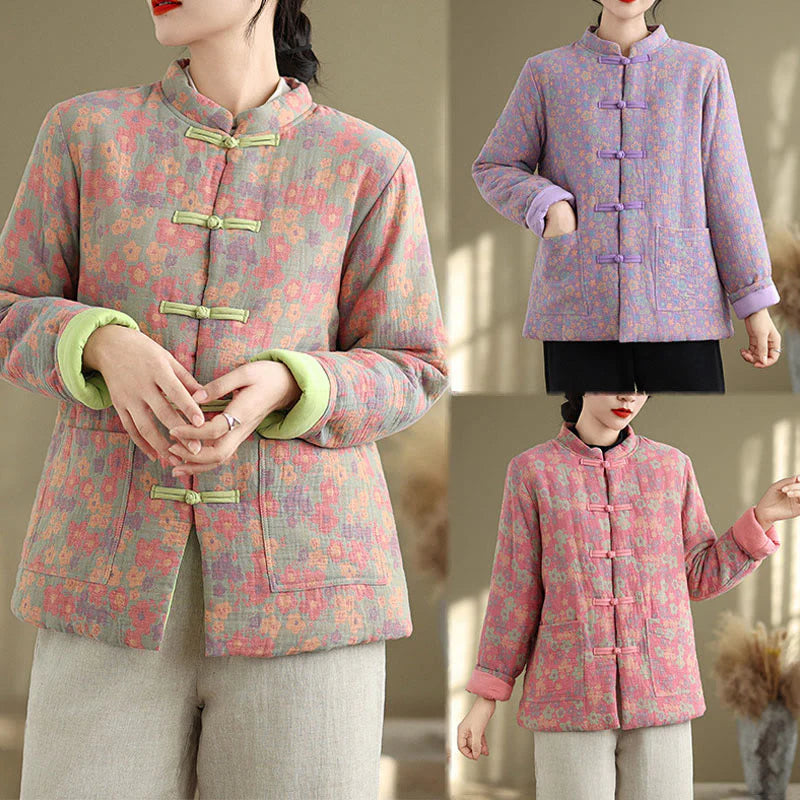 Buddha Stones Women's Winter Thicken Cotton Floral Pattern Long Sleeve Jacket With Pockets