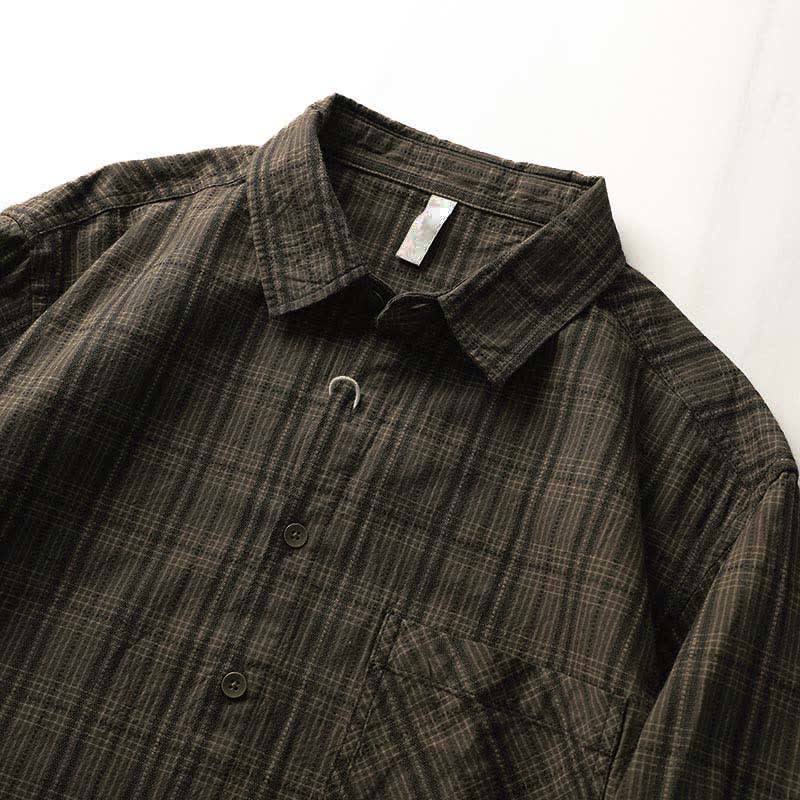 Buddha Stones Fall Commute Embroidery Plaid Pattern Men's Cotton Long Sleeve Shirts With Pocket