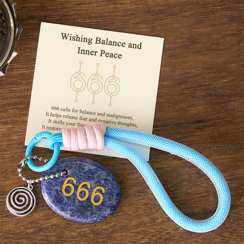 Buddha Stones Wishing Balance and Inner Peace 666 Angel Number Natural Sodalite Key Chain Hanging Decoration Includes Gift Message Card