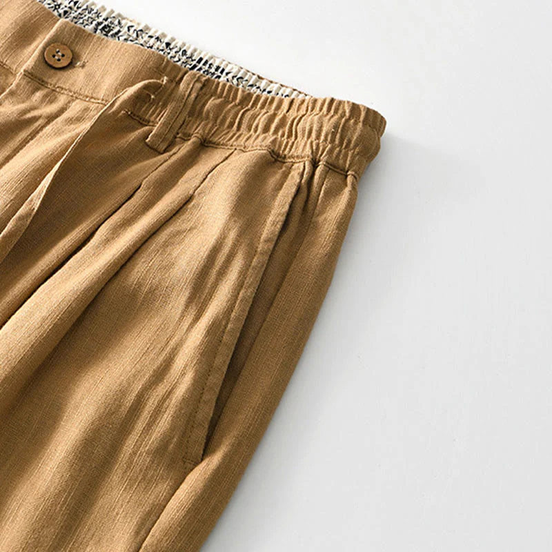 Buddha Stones Fall Solid Drawstring Zipper Men's Linen Wide Leg Pants With Pockets