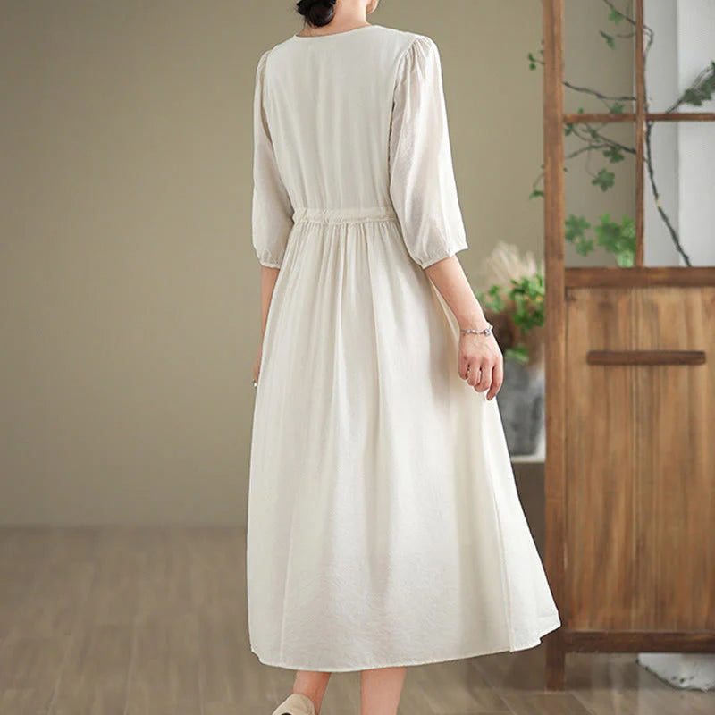Buddha Stones Spring Floral Embroidery V Neck Tie Waist Elbow-Length Sleeve Women's Dress With Pockets
