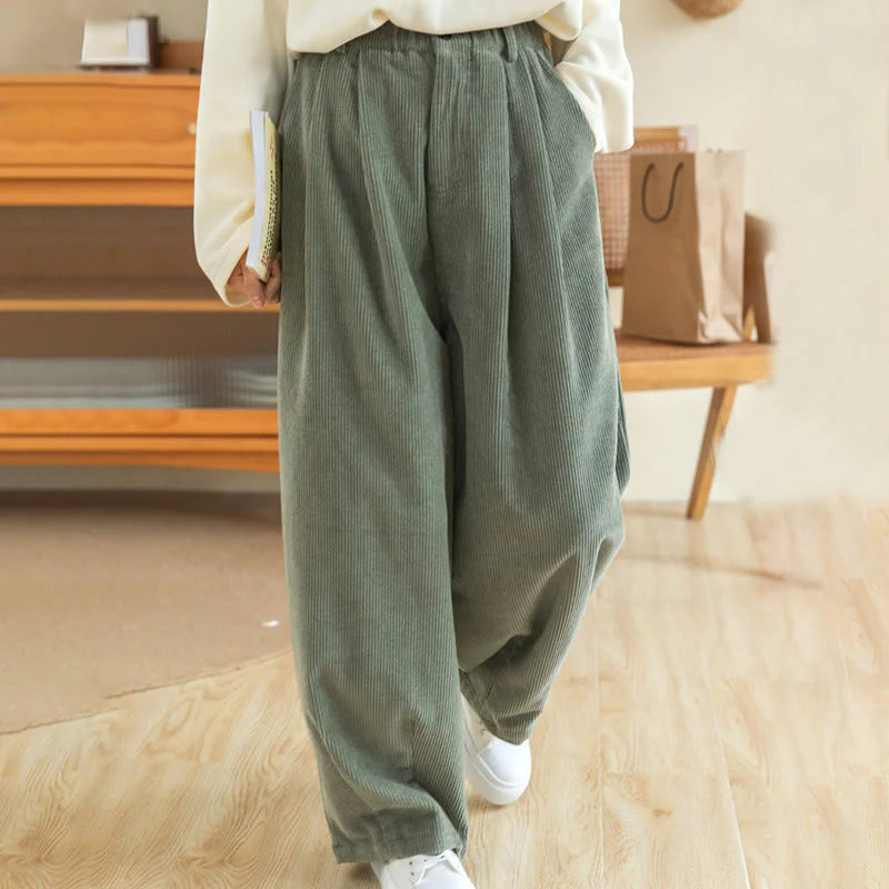 Buddha Stones Women's High Waist Zipper Design Wide Leg Cotton Corduroy Pants With Pockets